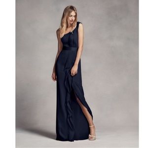 WHITE by VERA WANG Black One Shoulder Ruffle Slit Maxi Formal Bridesmaid dress.